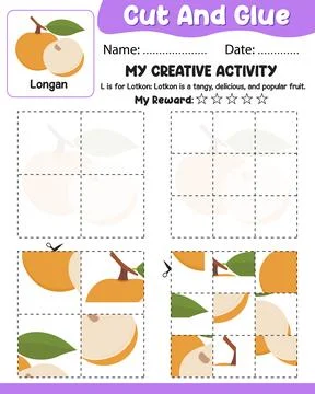 4 to 9 Piece Longan Puzzle Cut and Glue Vector Worksheet with Ref, Name Dat.. Stock Illustration