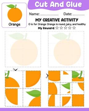 4 to 9 Piece Orange Puzzle Cut and Glue Vector Worksheet with Ref, Name Dat.. Stock Illustration