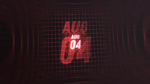 4 August. Calendar with number and month in neon red with grid background. Stock Illustration