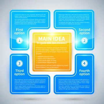 4 blue glossy options, arranged in a square around the main idea. Stock Illustration