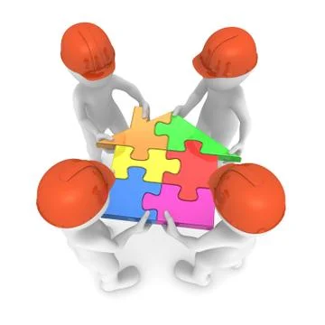 4 builders hold colored puzzle house. 3d small people. Stock Illustration