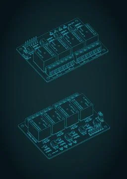 4 Channel relay module board isometric blueprints Stock Illustration