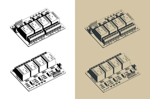 4 Channel relay module board isometric illustrations Stock Illustration