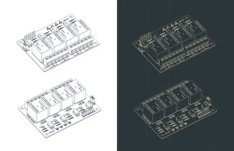 4 Channel relay module board isometric drawings Stock Illustration