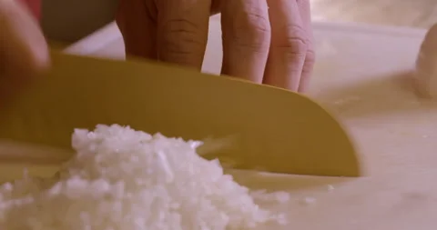 4 Chef As Professional Cook Cutting Onions In Restaurant Kitchen Stock Footage 132258045