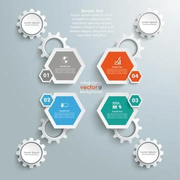 4 colored hexagons connected gears Stock Illustration