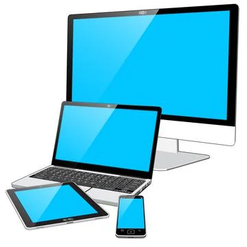 4 Devices - Tablet PC ,SmartPhone, Laptop Computer and Monitor - Blank Blue Illustrazione stock