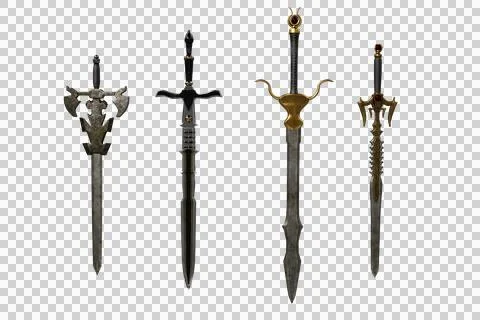 4 different medieval swords isolated on white. 3D illustration. Stock Illustration