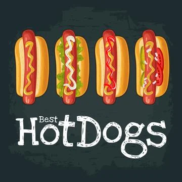 4 different types hotdog with tomato, ketchup, mayo, lettuce, mustard, onion. Stock Illustration