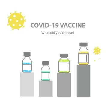 4 different vials of the Covid-19 vaccine. Comparison of price, quality, side Stock Illustration