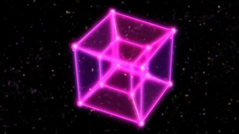 4 Dimensional Hypercube Tesseract Rotating in Outer Space and Stars Illustrazione stock