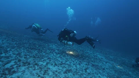 4 divers with torches swim and light up the rocky seabed,Mediterranean Sea,Italy Stock Footage 115539205