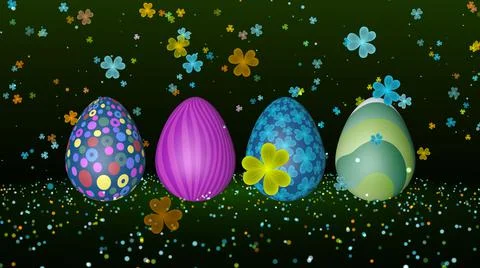 4 Easter Eggs 3d Rendering In Different Texture And Patterns Amid Green Colorful Stock Illustration