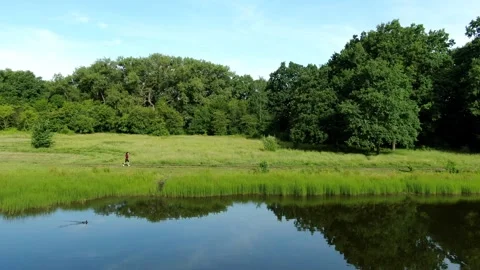 4 flying a drone over a field, road in a field, forest, woman running along Stock Footage 267404282