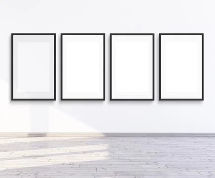 4 frames mock up for gallery wall on an empty white wall, 3d rendering. Stock Illustration
