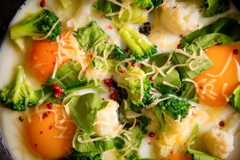 4 fried eggs with broccoli, spinach, spices and cheese in a pan , Breakfast,  Stock Photos