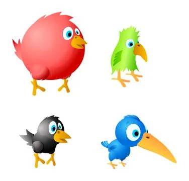 4 funny birds vector. red fat, green parrot イラスト素材