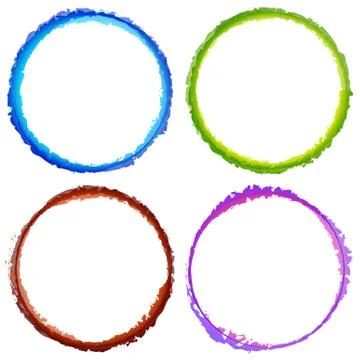 4 grungy circles with painted effect. Textured, distressed circle shapes. Stock Illustration
