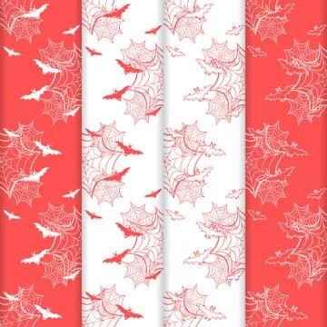4 Halloween vector seamless pattern with web, bats Stock Illustration