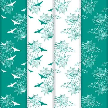 4 Halloween vector seamless pattern with web, bats Stock Illustration