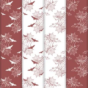4 Halloween vector seamless pattern with web, bats Stock Illustration