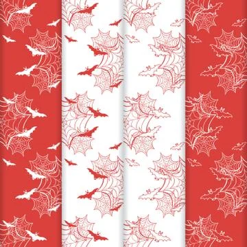 4 Halloween vector seamless pattern with web, bats Stock Illustration