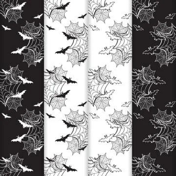 4 Halloween vector seamless pattern with web, bats Stock Illustration