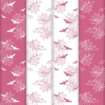 4 Halloween vector seamless pattern with web, bats Stock Illustration