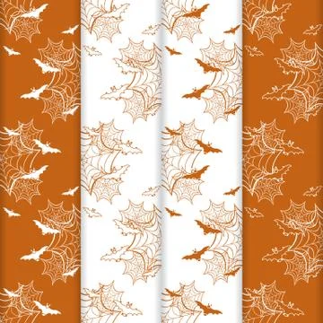 4 Halloween vector seamless pattern with web, bats Stock Illustration