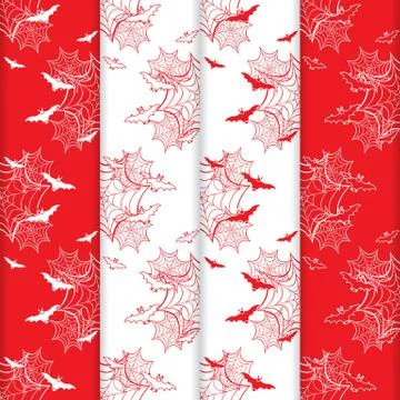 4 Halloween vector seamless pattern with web, bats Stock Illustration