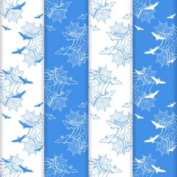 4 Halloween vector seamless pattern with web, bats Stock Illustration