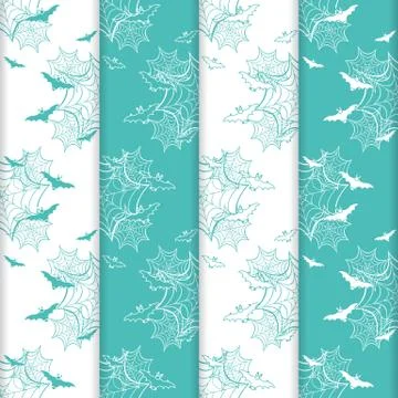 4 Halloween vector seamless pattern with web, bats Stock Illustration