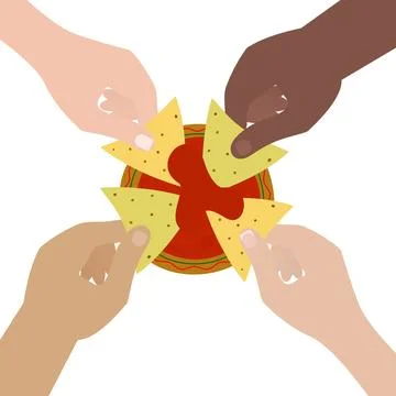 4 hands different nationalities dip corn spinach nacho in sauce. Nacho Day Stock Illustration