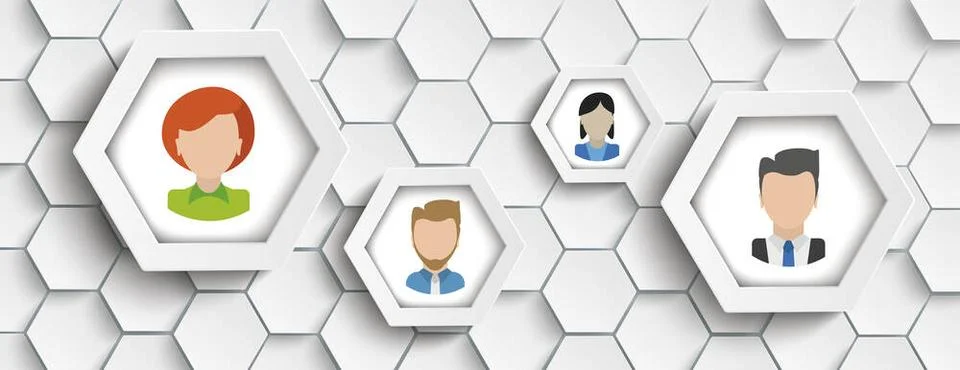 4 Human Faces Hexagon Structure Header Hexagon structure on the gray backg... Stock-Fotos