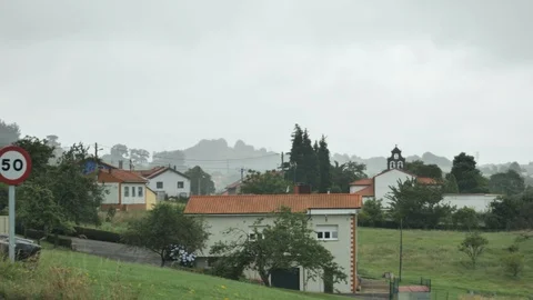 4 k Country side view of Asturian green fields, cosy planted hills, chalets Stock Footage 92531640