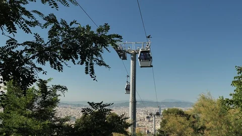 4 k funicular cableway in Monjuic Barcelona, driving cabines, mechanical gear Stock Footage 92528497