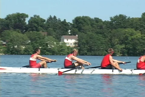 4 man rowing crew practices timing before race Stock Footage 125493349