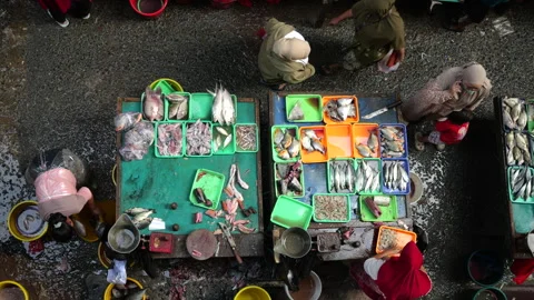 4 May 2024, Jakarta-High angle view of fish seller at the fish market. Stock Footage 274701247