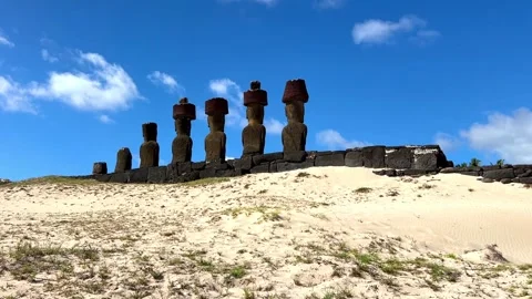 4 MAY 2026 Ahu Nau Nau ancient Moai statues at Anakena Beach on Easter Island Stock Footage 344319532