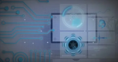 4-module HUD panel appearing on grid radar rotating fan spinning node moving 스톡 동영상 333830236