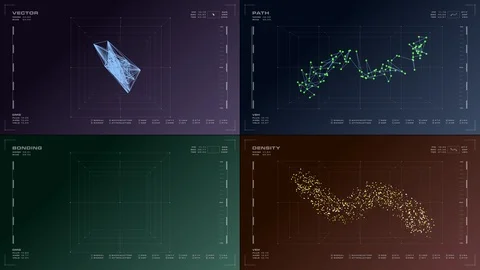 4-panel display: rotating 3D nano or molecular scale substance, related data. Stock Footage 85642933