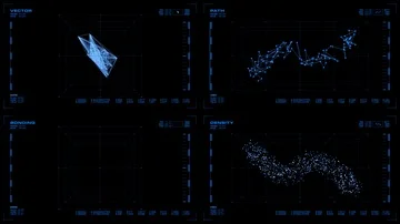 4-panel display: rotating 3D nano or molecular scale substance, related data. Stock Footage 85643166