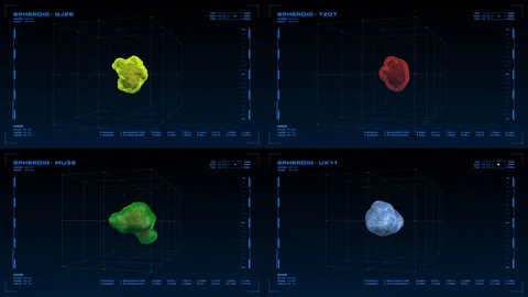 4-panel display: rotating 3D pathogen, microbe or virus, related data. Stock-Footage 86296803
