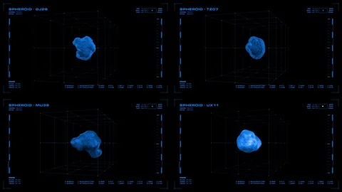 4-panel display: rotating 3D pathogen, microbe or virus, related data. Video stock 86297052