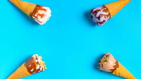 4 pcs mini ice cream cones melting timelapse at 8K format Stock Footage 111786249