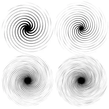 4 radial spiral elements. Rotating, radiating lines with different level of d Stock Illustration