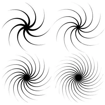 4 radial spiral elements. Rotating, radiating lines with different level of d Stock Illustration