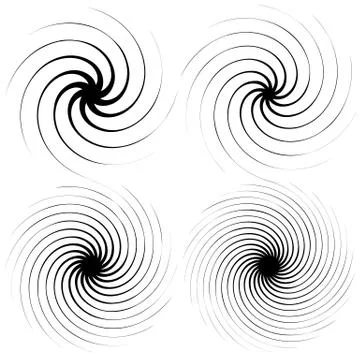 4 radial spiral elements. Rotating, radiating lines with different level of d Stock Illustration