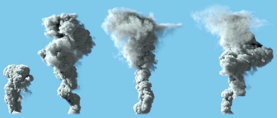 4 renders of solid gray smoke column as from volcano or big industrial Illustration