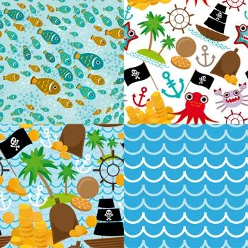 4 Seamless background set of pirate island colorful kids retro pattern Stock Illustration